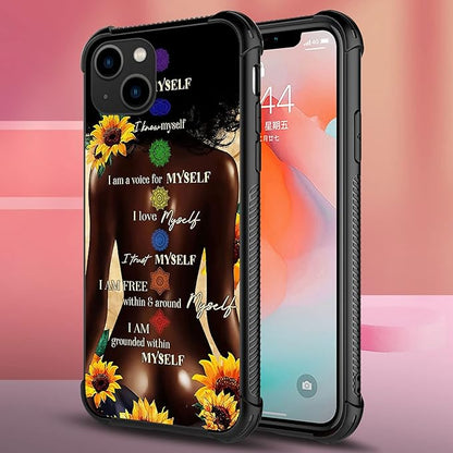 iPhone 13 Pro Max Case, Sunflower Back View Black Girl Cases, Tempered Glass Back+Soft Silicone TPU Shock Protective Case for Apple Max(6.7 inch)