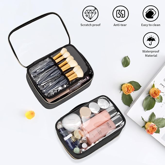 OCHEAL Clear Makeup Bag, Portable Cosmetic Bag Storage, Travel Makeup Bag Cute Clear Pouch For Women and Girls Cosmetics Bags with Divider Makeup Brush Compartment-Black PU Large