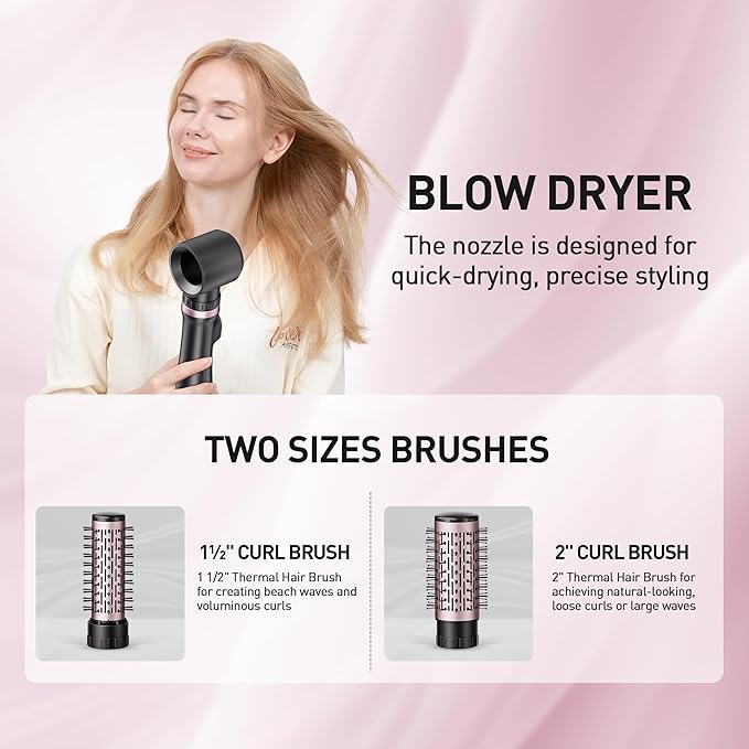 3-in-1 Rotating Hair Dryer Brush Blow Dryer with Interchangeable Heads, Hair Styling Tools for Straightening/Drying/Curling, Spinning Thermal Brush Blowout Set for Long Hair, Rose Gold