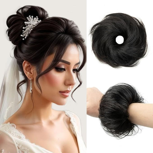 1PCS Messy Bun Hair Piece 100% Real Human Hair Chignons Scrunchies Natural Curly Fluffy Buns for Women Donut Updo Hair Pieces Bun Extension (#1 Jet Black)