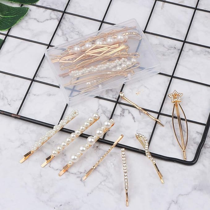 20 Pieces Elegant Hair Barrettes Bridal Golden Metal Hair Clip Artificial Pearl Hair Pins and Clear Rhinestone Bobby Pin for Weddings Hair Accessories