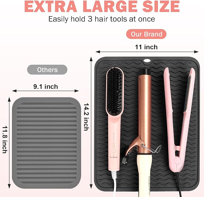 Oversize Silicone Heat Resistant Mat for Curling Iron, Hair Straightener, Flat Irons and Hot Hair Styling Tools, Portable Wrap Pad Cover for Home Vanity Travel(14.2" x 11")
