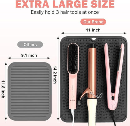 Oversize Silicone Heat Resistant Mat for Curling Iron, Hair Straightener, Flat Irons and Hot Hair Styling Tools, Portable Wrap Pad Cover for Home Vanity Travel(14.2" x 11")