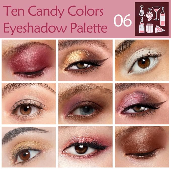 Ten-Color Eyeshadow Palette, White Brown Gold Nude Rose Gold Skin Wine Red 10 Shimmer and Matte Shades Blendable, Wine Party Eye Makeup, Vegan and Cruelty-Free, Built-In Mirror and Brush, 06#