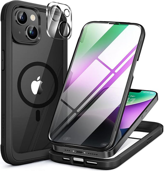 Miracase Glass Series Designed for iPhone 14 Plus Case 6.7 inch, 2023 Upgrade Full-Body Magnetic Clear Case with Built-in 9H Tempered Glass Screen Protector,Compatible with MagSafe,Black