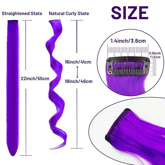 16 Pcs Colored Hair Extensions Curly Wavy Clip in Synthetic Hairpiece Streak for Girls Women Kid, Multi-colors Party Highlights Cosplay Festival Gift(Purple)