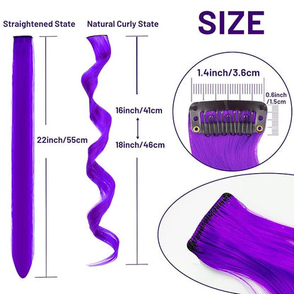 16 Pcs Colored Hair Extensions Curly Wavy Clip in Synthetic Hairpiece Streak for Girls Women Kid, Multi-colors Party Highlights Cosplay Festival Gift(Purple)