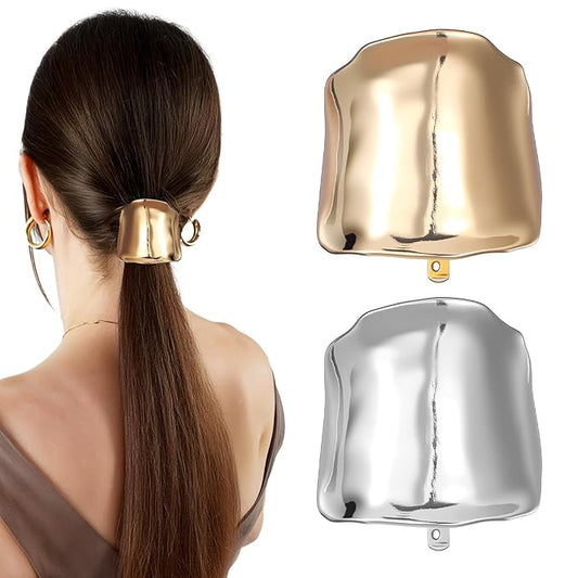 2pcs Hair Cuffs for Ponytail with Decorative Rings Metal High Ponytail Holder Hair Clips Cuff Barrettes Decorative Hold Fine Hairs Buckle Holders Accessories for Women Girl (Gold, Silver)