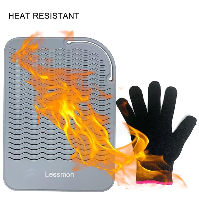 Flat Iron Travel Mat, Curling Iron Counter Protector with Heat Resistant Glove for Curling Irons, Hair Straightener, Flat Irons and Hair Styling Tools, 9” x 6.5”, Gray by Lessmon