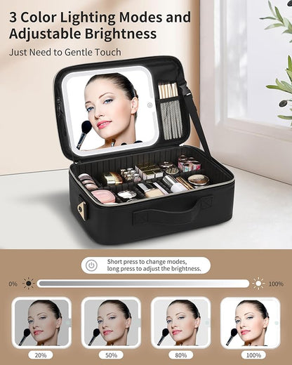 MONSTINA Makeup Bag with LED Mirror,Makeup Case with Lighted Mirror Professional Makeup Artist Organizer Travel Bag with Adjustable Dividers,3 Light Brightness,Black