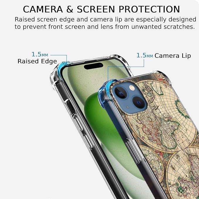Case for iPhone 15 with Retro Art Design,Aesthetic Vintage World Map Pattern,Trendy Soft TPU Bumper Phone Cover(15,Map)