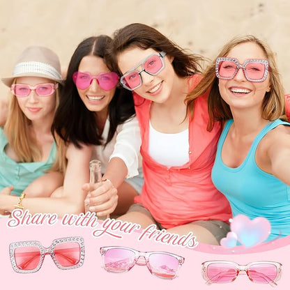 Pibupibu 8 Pack Pink Sunglasses for Women Collection Trendy Cute Costume Accessories Eyewear Set (Transparent/Solid/Mix)