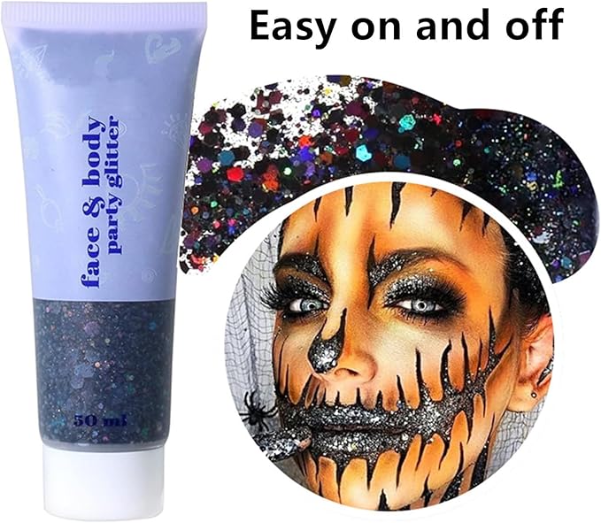 Go Ho Black Body Glitter,Halloween Black Face Paint Glitter Makeup,Holographic Chunky Sequins Glitter for Festival Cosplay SFX Costume,Festival Rave Accessories,Eye Black Face Glitter Gel