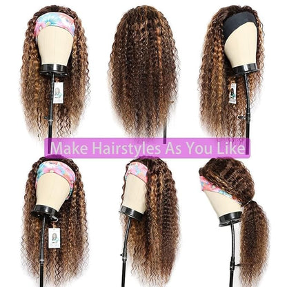 Ombre Curly Headband Wig Human Hair Wigs #4/27 Highlight Colored Glueless Wigs Deep Wave Headband Wig 14 Inches