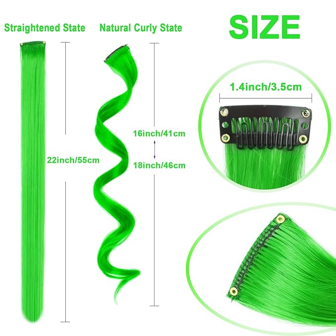 10 PCS Green Hair Extensions, Curly Wavy Synthetic Hairpieces Clip in Rainbow Neon Party Highlights, Colorful Hair Accessories for Kids Girls Women 17 Inch
