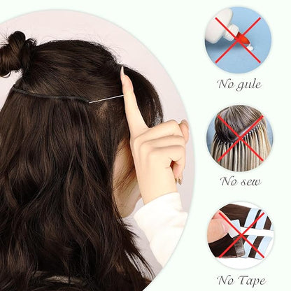 MORICA Halo Hair Extensions 20 Inch Natural Black Invisible Wire Hair Extensions,Long Wavy Synthetic Hairpiece with Transparent Wire Adjustable Size, 4 Secure Clips for Women