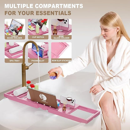 Yirilan Foldable Bathtub Caddy, Expandable Bath Caddy Tray, Unique House Warming Gifts, New Home, Anniversary and Wedding Gifts for Couple, Pink