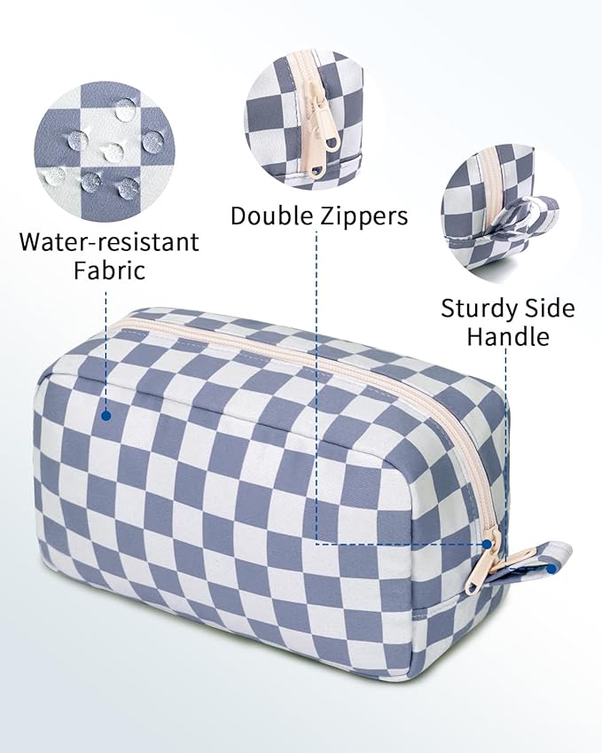 Narwey Checkered Makeup Bag Travel Cosmetic Bag Organizer Small Toiletry Bag Make Up Bags with Organzied Pockets for Women (Grayish Blue Checkerboard, Large)