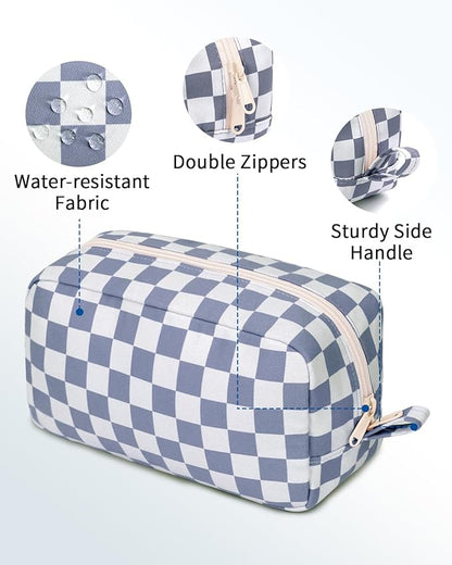 Narwey Checkered Makeup Bag Travel Cosmetic Bag Organizer Small Toiletry Bag Make Up Bags with Organzied Pockets for Women (Grayish Blue Checkerboard, Large)