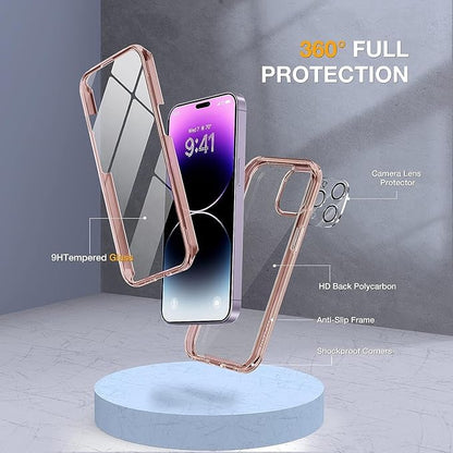 Miracase Glass Series for iPhone 14 Pro Case 6.1 Inch, Full-Body Clear Bumper Case with Built-in 9H Tempered Glass Screen Protector, with Camera Lens Protector, Clear Pink