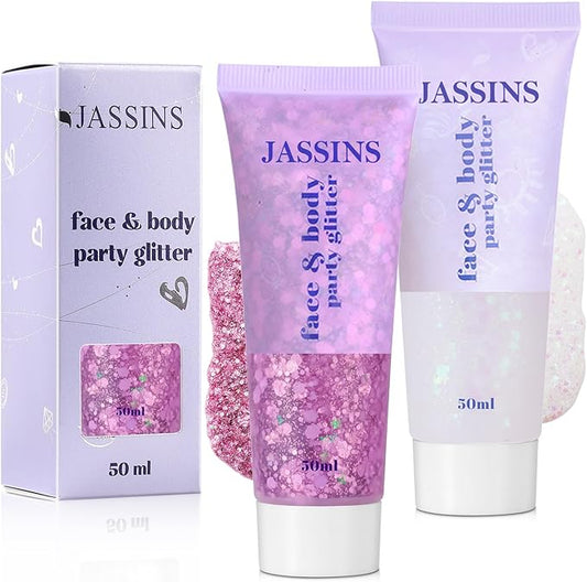 JASSINS 2 Pack Face Body Glitter, 100ml Pink and White Glitter Gel Makeup for Women Girls Kids, Singer Concerts Festival Rave Accessories, Chunky Mermaid Sequins Glitter