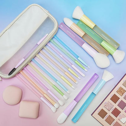 18pcs Colorful Makeup Brush Set with Make up Bag and Sponge Applicators for Liquid Foundation - Professional Cosmetics Tools Blush Blending Blender Brushes Gift Pack (Multi-Colored)