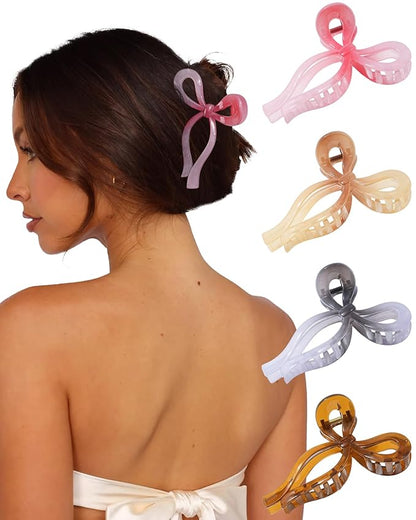 4 PCS Bow Hair Clips Bow Claw Clip for Women Nonslip Large Hair Claw Clips for Thin and Thick Hair Strong Hold Hair Bows (Light Brown+Light Pink+Khaki+Gray)