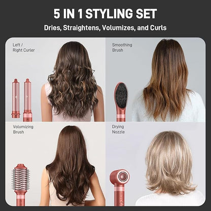 5 in 1 Rose Red High-Speed Hot Air Styler - Frizz-Free Hair Dryer Brush & Air Wrap, Fast Drying with No Heat Damage - Curl, Volumize, Straighten Travel Bag