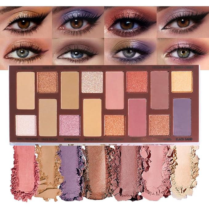 Sixteen Color Matte Shimmer Eyeshadow Makeup Palette, Nude Rose red Brown Purple Coffee Yellow 16 Color Series, Daily Life & Prom Velvety Matte Glitter Finish Eye Makeup Looks, Vegan & Cruelty-Free