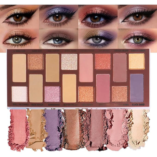 Sixteen Color Matte Shimmer Eyeshadow Makeup Palette, Nude Rose red Brown Purple Coffee Yellow 16 Color Series, Daily Life & Prom Velvety Matte Glitter Finish Eye Makeup Looks, Vegan & Cruelty-Free