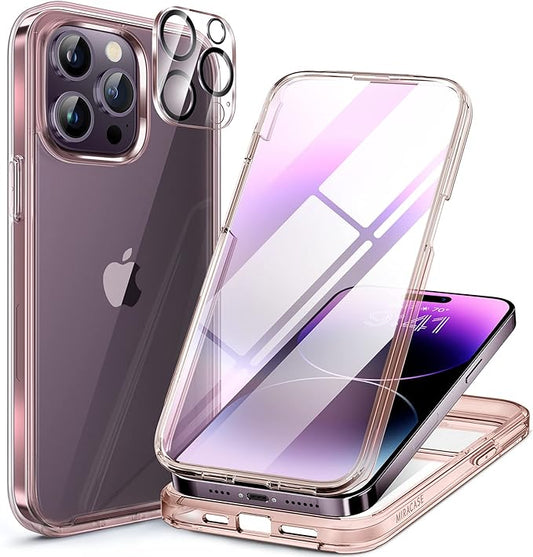 Miracase Glass Series for iPhone 14 Pro Case 6.1 Inch, Full-Body Clear Bumper Case with Built-in 9H Tempered Glass Screen Protector, with Camera Lens Protector, Clear Pink