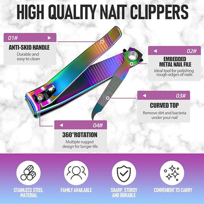 Nail Clipper Set, Sturdy Stainless Steel Fingernails & Toenails Clippers & Nail File, Sharp Effortless Fingernail Toenail Trimmer, Portable Nail Cutter for Women Men（Rainbow）