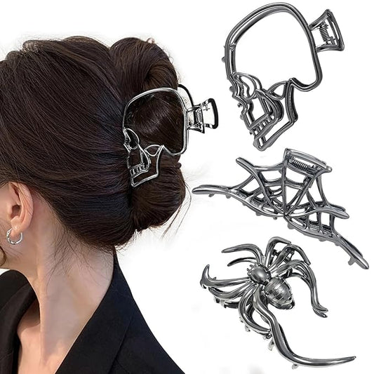 3 Pieces Large Metal Spider Net Hand Hair Claw Clips for Women and Girls Thick Long Hair, Nonslip Skeleton Spooky Barrette Headband Hair Styling Accessories for Halloween Christmas Gifts
