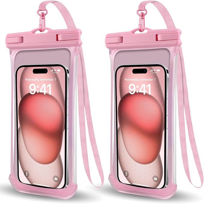 2PCS Waterproof Phone Pouch- [3D Soft Edges Design ], Waterproof Phone Case for iPhone Galaxy Google Up to 8", Dry Bag for Beach Cruise Travel, Pink/Pink