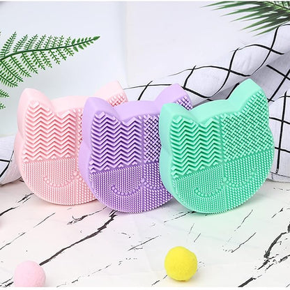 Silicon Makeup Brush Cleaner Mat with Portable Cat Shaped Cosmetic Brush Cleaning Pad Holder - Light Green