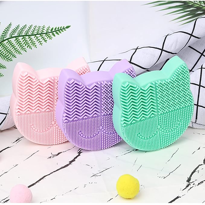 New Grass Green Silicon Makeup Brush Cleaner Mat with Portable Cat Shaped Cosmetic Brush Cleaning Pad Holder and Drying Holder