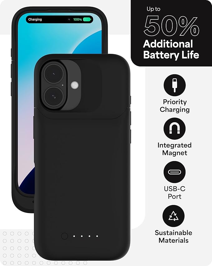 mophie Juice Pack Battery Case for iPhone 16 - Slim Charging Case, Magnetic Back for Wallets & Mounts, +50% Extra Battery Life, Enhanced 6-Foot Drop Protection, Sustainable Material, Black
