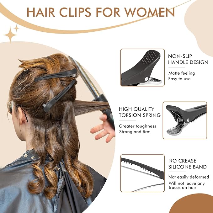 12PCS Hair Clips for Styling Sectioning - Non Slip No Crease Duck Billed Hair Clips for Women with Silicone Band - Professional 4.3 Inch Large Salon Hair Cutting Clips for Hairdresser - Black