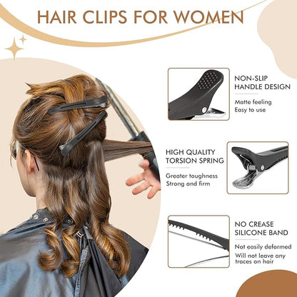 12PCS Hair Clips for Styling Sectioning - Non Slip No Crease Duck Billed Hair Clips for Women with Silicone Band - Professional 4.3 Inch Large Salon Hair Cutting Clips for Hairdresser - Black
