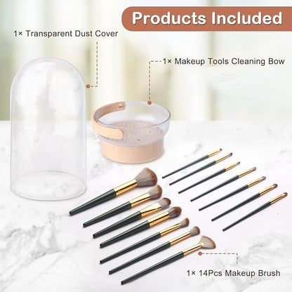 3 in 1 Makeup Brush Cleaner Bowl and Dryer, Silicone Simply Makeup Brush Cleaner Mat, Waterproof Makeup Brush Holder with Lid, Cosmetic Tools Organizer (Khaki)