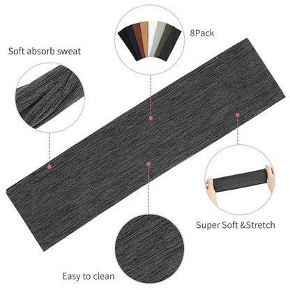 8 Pack Sport Headbands for Women, Elastic Soft Fabric Non-Slip Hair Bands Hair Warp for Daily Workout Yoga Running Sports