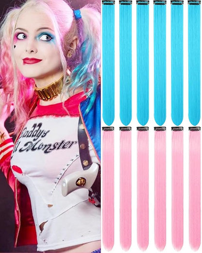 12 PCS Clip in Pink and Lake Blue Hair Extensions, 20 Inch Colorful Hair Accessories, Synthetic Straight Hairpiece for Kids Girls Women (Pink and Lake Blue)