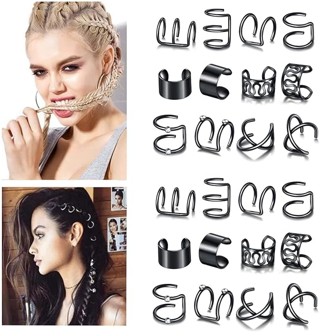 24 Pcs Black Hair Braids Dreadlock, Non-Piercing Ear Clip Beard Beads Cuffs Clip Hair for Women Men Hair Accessories Styling Jewelry Tools
