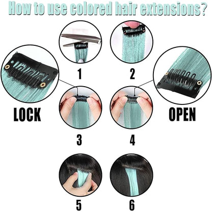 12 PCS Teal Hair Extensions Clip in, 20-inch Colored Party Synthetic Neon Highlights Extensions, Cyan Hair Accessories for Kids Girls Women Hair Pieces (Mint Green)