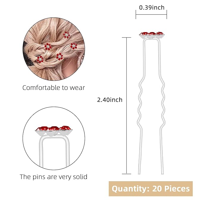 20 Pack (Red) Crystal Flower Hair Pins Rhinestone Hair Clips for Bridal Wedding Women Hair Jewelry Accessories, with Clear Container