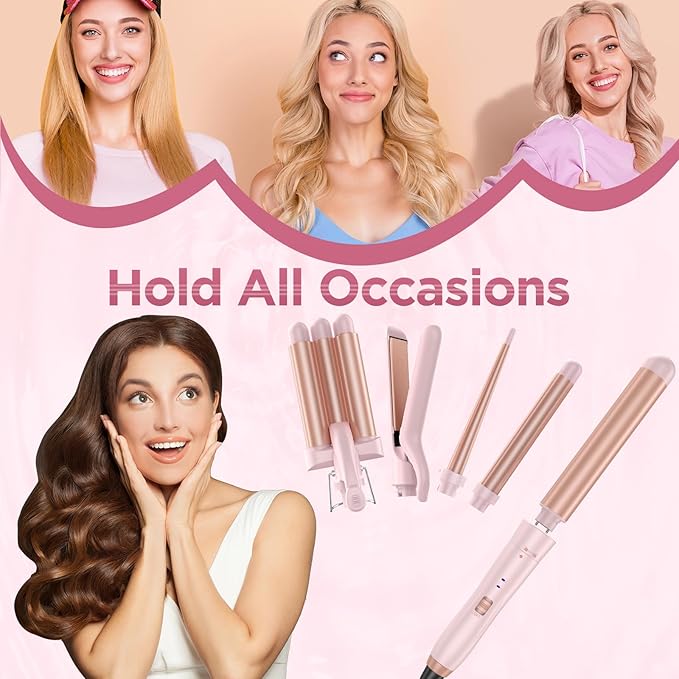 5 in 1 Wand Curling Iron-Curling Wand Set with Hair Straightener, 3 Barrels Hair Crimper Iron, 3 Ceramic Curling Irons (0.35 "-1.25"), 2 Temps Fast Heat Hair Curler Waver with Glove & Clip-Light Pink