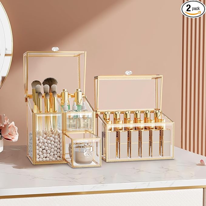 Glass Makeup Organizer Set – Vanity Organizer with 18-Slot Lipstick Organizer & Makeup Brush Holder with Lid – Skincare, Perfume & Cosmetic Storage for Bathroom or Dresser