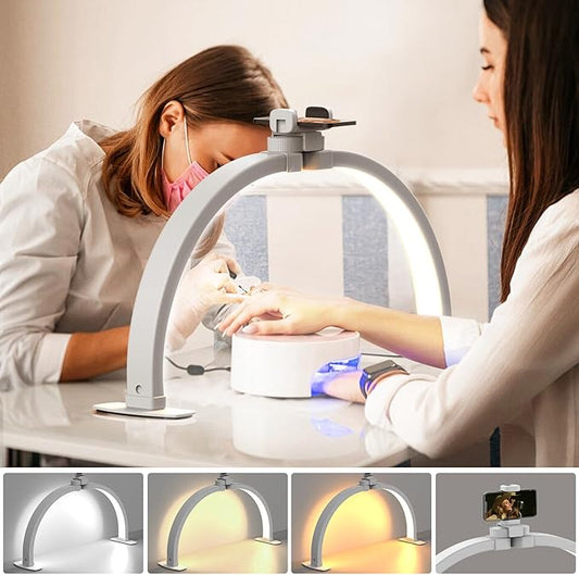 Evershop Half Moon Light for Nail Desk with Phone Holder,Portable LED Ring Light for Video Recording with Overhead Phone Mount,Nail Table Lamp for Photography,YouTube,Tiktok,Pinterest,Instagram