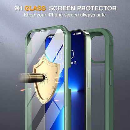 Miracase Glass Case for iPhone 13 Pro Max 6.7 inch, Upgrade Full-Body Clear Bumper Case with Built-in 9H Tempered Glass Screen Protector (Acacia Green)