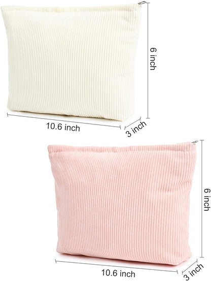 2 Pieces Corduroy Makeup Bag Large Corduroy Cosmetic Bag Capacity Canvas Travel Toiletry Bag Organizer Cute Makeup Brushes Aesthetic Accessories Storage Bag for Women, Corduroy L White Pink